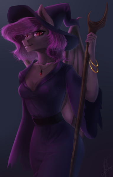 Size: 1274x2000 | Tagged: safe, artist:zefirayn, derpibooru import, oc, oc:desire, unofficial characters only, anthro, bat pony, anthro oc, bat pony oc, bat wings, breasts, cleavage, clothes, commission, digital art, dress, female, halloween, hat, holiday, jewelry, mare, necklace, pink hair, pink mane, pink tail, red eyes, ring, simple background, smiling, solo, staff, wings, witch costume, witch hat, ych result