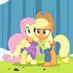 Size: 925x924 | Tagged: safe, derpibooru import, screencap, applejack, fluttershy, earth pony, pegasus, pony, best gift ever, cheek squish, clothes, cropped, duo, earmuffs, female, hug, jacket, mare, scarf, squishy cheeks, sweater