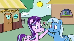 Size: 1366x768 | Tagged: safe, artist:raulixevergreen, derpibooru import, starlight glimmer, trixie, pony, unicorn, best ship, boop, cute, day, drawing, female, heart, lesbian, love, mutual booping, ponyville, shipping, startrix