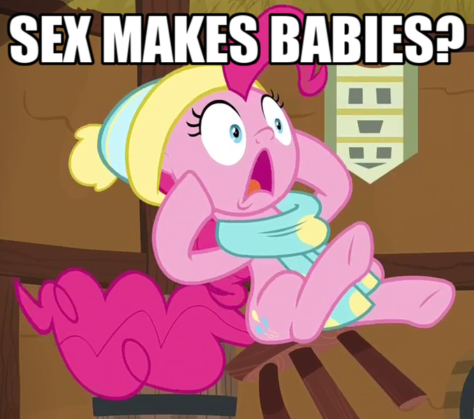 Size: 687x607 | Tagged: suggestive, derpibooru import, edit, edited screencap, editor:anonycat, screencap, pinkie pie, earth pony, pony, best gift ever, caption, clothes, cropped, female, hat, mare, meme, mind blown, open mouth, scarf, sex makes babies, shocked, solo, stool, winter outfit