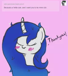 Size: 528x592 | Tagged: safe, artist:phenioxflame, derpibooru import, oc, oc:phenioxflame, pony, unicorn, :t, ask, blushing, curved horn, cute, dialogue, female, frown, horn, lip bite, mare, messy mane, o3o, scrunchy face, solo, tumblr