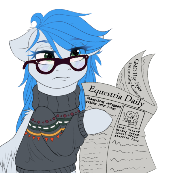 Size: 1350x1350 | Tagged: safe, artist:djm30wm1x, derpibooru import, oc, oc:stormpone, unofficial characters only, pegasus, pony, equestria daily, clothes, female, glasses, mare, messy mane, newspaper, no country for old men, simple background, solo, sweater, tired, transparent background