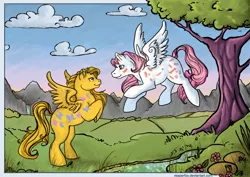 Size: 900x636 | Tagged: safe, artist:reaperfox, derpibooru import, dancing butterflies, yum yum, pegasus, pony, duo, g1, mountain, scenery, tree, twice as fancy ponies