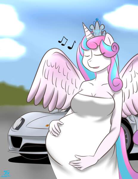 Size: 3160x4096 | Tagged: adult, alicorn, anthro, artist:saharat ounaim, belly, big belly, calm, car, clothes, cute, derpibooru import, dress, eyes closed, flurrybetes, humming, mama flurry, multiple pregnancy, music notes, older, older flurry heart, porsche, porsche 918, pregnant, pretty, princess flurry heart, relaxed, safe, signature, vehicle