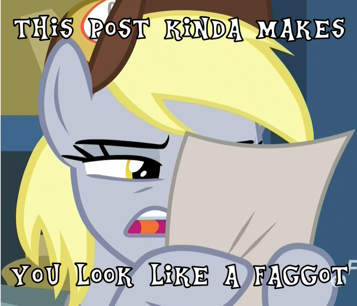 Size: 998x854 | Tagged: safe, derpibooru import, edit, edited screencap, screencap, derpy hooves, pegasus, pony, best gift ever, caption, cropped, dialogue, faggot, female, hat, image macro, mare, meme, reaction image, solo, squint, text, vulgar