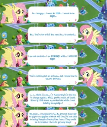 Size: 1280x1516 | Tagged: safe, derpibooru import, apple bloom, fluttershy, bat pony, night of the living apples, bat ponified, dialogue, duality, flutterbat, gameloft, inner monologue, monologue, race swap, self ponidox, talking