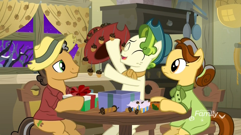 Size: 1920x1080 | Tagged: safe, derpibooru import, screencap, butternut, oak nut, pistachio, earth pony, pony, best gift ever, acorn, acorn family, chair, cowboy hat, curtains, family, farm, farmhouse, female, hat, husband and wife, male, mare, oven, present, sitting, stallion, stove, sweet acorn orchard, table, teenager