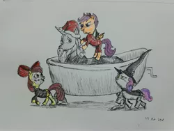 Size: 3264x2448 | Tagged: apple bloom, artist:rockhoppr3, barrel, bathtub, cutie mark crusaders, derpibooru import, kidnapped, lock, safe, scootaloo, shock, star swirl the bearded, sweetie belle, the nightmare before christmas, traditional art