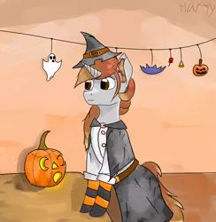 Size: 750x770 | Tagged: artist:harmacist, clothes, costume, derpibooru import, halloween, holiday, jack-o-lantern, oc, oc:amberlight, pumpkin, safe, salem witch, socks, solo, striped socks, unofficial characters only