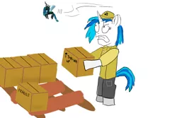 Size: 1500x1000 | Tagged: annoyed, artist:horsesplease, behaving like an insect, bipedal, box, bugs doing bug things, derpibooru import, micro, mosquito, packing, paint tool sai, pallet, queen chrysalis, safe, upset, vinyl scratch, wat