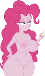 Size: 2000x3415 | Tagged: explicit, artist:fishsandwich, derpibooru import, pinkie pie, equestria girls, areola, belly button, big breasts, breasts, busty pinkie pie, cigarette, curvy, extra thicc, female, nipples, nudity, pinkie thighs, simple background, smoking, solo, solo female, thick, thighs, thunder thighs, transparent background, vulva, wide hips