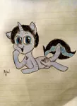 Size: 2240x3075 | Tagged: safe, artist:michaelmaddox222, deleted from derpibooru, derpibooru import, oc, oc:strap locks, pony, belt, belt buckle, chest fluff, colored, cute, floppy ears, laying on stomach, legs in air, lineart, lined paper, looking at you, male, pencil drawing, pose, signature, smiling, solo, traditional art