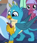 Size: 230x268 | Tagged: safe, derpibooru import, screencap, gallus, gooseberry, silverstream, gryphon, pony, a matter of principals, background pony, claws, cropped, cute, daaaaaaaaaaaw, female, filly, foal, friendship student, gallabetes, happy, male, paws, smiling, tail, wings
