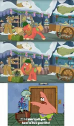 Size: 1242x2092 | Tagged: safe, derpibooru import, edit, edited screencap, screencap, big macintosh, earth pony, pony, best gift ever, comic, hat, krusty towers, male, patrick star, rock, screencap comic, spongebob squarepants, squidward tentacles, stallion