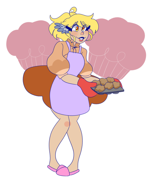 Size: 1280x1514 | Tagged: apron, artist:cubbybatdoodles, clothes, derpibooru import, derpy hooves, ditzy doo, female, food, human, humanized, muffin, muffin tray, safe, simple background, solo, transparent background, wing ears