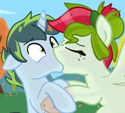 Size: 793x720 | Tagged: safe, artist:lannielona, derpibooru import, oc, oc:thatsa releaf, oc:watermelana, pegasus, pony, unicorn, autumn, blushing, cloud, cropped, female, freckles, gradient hooves, grass, kissing, leaf, male, mare, oc x oc, shipping, shy, sky, stallion, straight, surprise kiss, surprised, tree, watereleaf