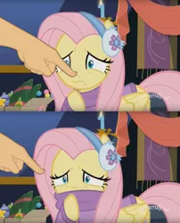 Size: 1485x1839 | Tagged: safe, derpibooru import, edit, edited screencap, screencap, fluttershy, pegasus, pony, best gift ever, boop, boop edit, clothes, earmuffs, female, finger, hand, mare, non-consensual booping, solo, sweater