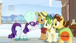 Size: 1920x1080 | Tagged: safe, derpibooru import, screencap, butternut, oak nut, pistachio, rarity, earth pony, pony, unicorn, best gift ever, acorn family, boop, boots, clothes, cute, discovery family logo, dress, family, farm, farmhouse, female, glasses, hat, male, mare, quartet, scarf, shirt, shoes, snow, stallion, sunglasses, sweet acorn orchard, teenager