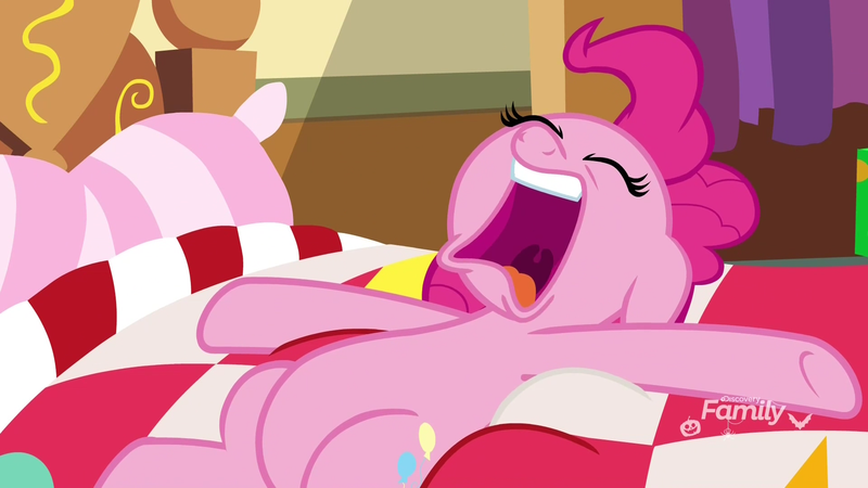 Size: 1920x1080 | Tagged: safe, derpibooru import, screencap, pinkie pie, earth pony, pony, best gift ever, bed, discovery family logo, eyes closed, female, laying on bed, mare, on bed, open mouth, solo, spread hooves