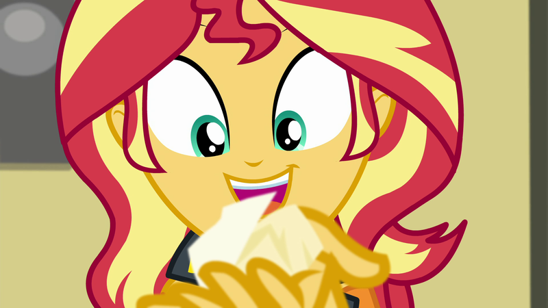 Size: 1920x1080 | Tagged: safe, derpibooru import, screencap, sunset shimmer, equestria girls, equestria girls series, forgotten friendship, crumpled, happy, paper, smiling, solo