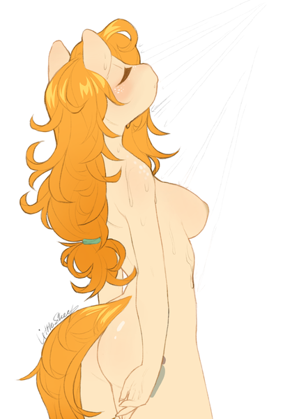 Size: 3000x4200 | Tagged: questionable, artist:littlesheep, derpibooru import, pear butter, anthro, earth pony, ass, blushing, breasts, busty pear butter, butt, eyes closed, female, freckles, mare, milf, nipples, nudity, shower, sideboob, simple background, solo, solo female, stupid sexy pear butter, white background