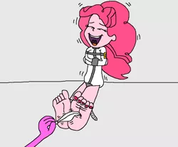 Size: 1048x868 | Tagged: suggestive, artist:logan jones, derpibooru import, pinkie pie, oc, oc:logan berry, equestria girls, barefoot, belt, belt buckle, bondage, eyes closed, feather, feet, fetish, followup, foot fetish, laughing, loganpie, motion lines, nail polish, offscreen character, open mouth, shaking, soles, straitjacket, tickle fetish, tickle torture, tickling, toes