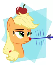 Size: 4911x6010 | Tagged: safe, artist:mrkat7214, derpibooru import, applejack, pony, absurd resolution, apple, applejack is not amused, arrow, bust, female, food, fruit, hatless, mare, missing accessory, portrait, solo, unamused, william tell