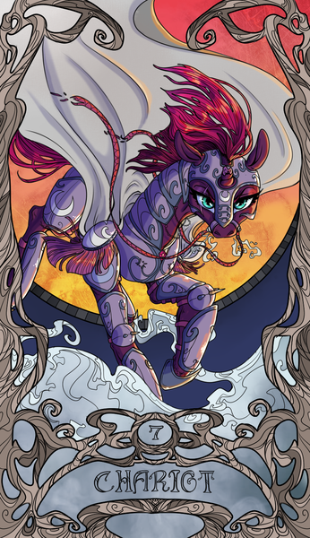 Size: 822x1425 | Tagged: safe, artist:sourcherry, derpibooru import, tempest shadow, pony, unicorn, armor, broken horn, chariot, cloak, clothes, fog, horn, major arcana, running, solo, tarot, tarot card, the chariot