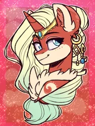 Size: 3000x4000 | Tagged: safe, artist:annakitsun3, derpibooru import, oc, unofficial characters only, pony, unicorn, bust, commission, ear fluff, ear piercing, earring, female, jewelry, mare, piercing, portrait, regalia, smiling, unshorn fetlocks