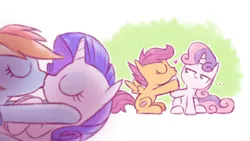 Size: 761x430 | Tagged: safe, artist:raridashdoodles, derpibooru import, rainbow dash, rarity, scootaloo, sweetie belle, pegasus, pony, unicorn, female, filly, imitation, kissing, lesbian, mare, raridash, scootabelle, shipping, shipping denied