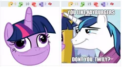 Size: 484x266 | Tagged: safe, artist:alterhouse, derpibooru import, edit, edited screencap, screencap, shining armor, twilight sparkle, twilight sparkle (alicorn), alicorn, pony, derpibooru, best gift ever, dialogue, faic, just one bite, juxtaposition, male, meme, meta, parody, pudding face, smug, spongebob squarepants, stallion, text