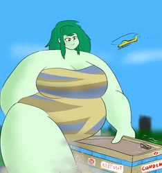 Size: 3000x3200 | Tagged: safe, artist:feyzer, derpibooru import, wallflower blush, equestria girls, bbw, building, city, clothes, fat, female, giantess, helicopter, huge, macro, obese, one-piece swimsuit, small head, solo, ssbbw, swimsuit, wallfatter blush