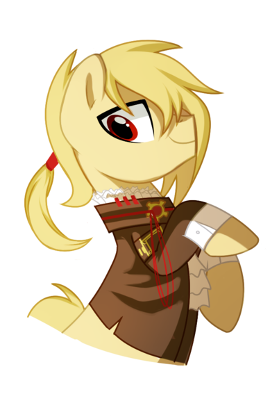 Size: 721x1075 | Tagged: safe, artist:pepooni, derpibooru import, oc, oc:gearmaster rochal, unofficial characters only, pony, buck legacy, blonde, jabot, male, ponytail, red eyes, simple background, solo, transparent background, yellow hair