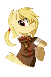 Size: 721x1075 | Tagged: safe, artist:pepooni, derpibooru import, oc, oc:gearmaster rochal, unofficial characters only, pony, buck legacy, blonde, jabot, male, ponytail, red eyes, simple background, solo, transparent background, yellow hair