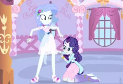 Size: 2120x1450 | Tagged: safe, artist:ilaria122, derpibooru import, rarity, oc, oc:sapphire blue, equestria girls, alternate hairstyle, belt, boots, bracelet, cardigan, carousel boutique, choker, clothes, dress, eyeshadow, flower, flower in hair, hairclip, high heel boots, high heels, jewelry, lipstick, makeup, mama rarity, next generation, offspring, older, older rarity, parent:fancypants, parent:rarity, parents:raripants, sewing, sewing needle, shirt, shoes, simple background, skirt