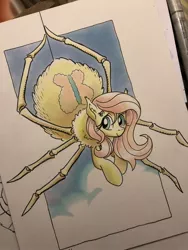 Size: 1536x2048 | Tagged: artist:tonyfleecs, cute, derpibooru import, female, fluttershy, looking at you, monster mare, monster pony, multiple eyes, original species, safe, shyabetes, smiling, solo, species swap, spiderpony, spidershy, traditional art
