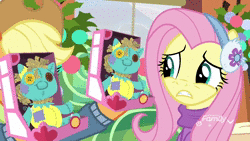 Size: 1920x1080 | Tagged: safe, derpibooru import, screencap, applejack, fluttershy, holly the hearths warmer doll, earth pony, pegasus, pony, best gift ever, animated, box, clothes, cute, denied, discovery family logo, ear warmers, female, jackabetes, jacket, mare, rejected, sound, sweater, toy, webm, yay