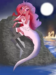 Size: 1936x2592 | Tagged: safe, artist:sketch-bro, derpibooru import, oc, oc:mezma, siren, equestria girls, clothes, equestria girls-ified, fire, full moon, moon, ocean, open mouth, rock, shipwreck, solo, sunken ship, water