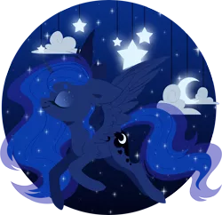 Size: 5000x4832 | Tagged: safe, artist:belka-sempai, derpibooru import, princess luna, alicorn, pony, absurd resolution, cloud, crescent moon, cute, cutie mark, eyes closed, female, flying, freckles, hooves, horn, lineless, mare, moon, night, simple background, solo, spread wings, stars, transparent background, wings