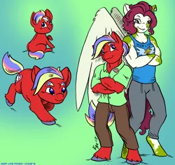 Size: 1100x1034 | Tagged: safe, artist:kaemantis, deleted from derpibooru, derpibooru import, oc, oc:candy stripe, oc:sweet pepper, unofficial characters only, anthro, pegasus, unicorn, adopted offspring, broken horn, brother and sister, female, horn, magical lesbian spawn, male, mare, next generation, offspring, parent:babs seed, parent:twist, parents:babstwist, siblings, stallion