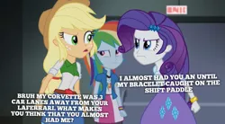 Size: 1439x796 | Tagged: safe, derpibooru import, edit, edited screencap, screencap, applejack, rainbow dash, rarity, fanfic:equestria motorsports, equestria girls, rainbow rocks, argument, corvette, laferrari, racing