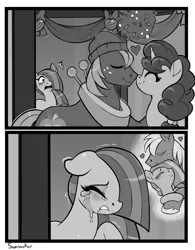 Size: 2511x3216 | Tagged: safe, artist:moonseeker, derpibooru import, big macintosh, marble pie, sugar belle, earth pony, pony, unicorn, best gift ever, crying, female, grayscale, heartbroken marble, male, mare, mistletoe, monochrome, shipping, shipping denied, side chick, stallion, straight, sugarmac