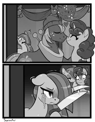 Size: 2511x3216 | Tagged: semi-grimdark, alternate version, artist:moonseeker, derpibooru import, big macintosh, marble pie, sugar belle, earth pony, pony, unicorn, best gift ever, broken horn, crying, female, heartbroken marble, horn, incelpie, jealous, knife, male, marble yandere, mare, mistletoe, shipping, shipping denied, side chick, stallion, straight, sugarmac, that escalated quickly, this will end in death, yandere