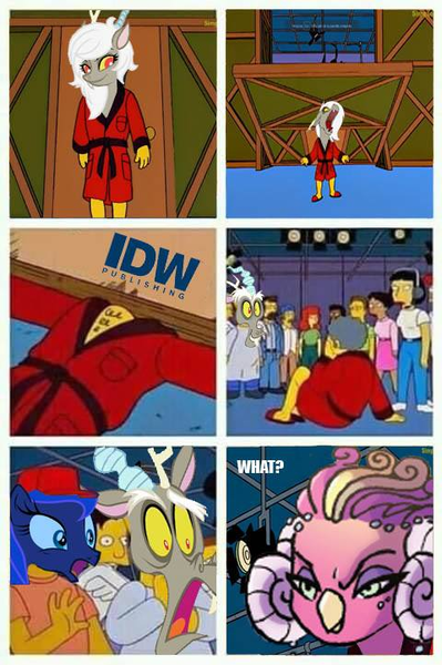 Size: 480x721 | Tagged: derpibooru import, discord, edit, eris, homer simpson, idw, meme, moe syzlak, princess eris, princess luna, rule 63, safe, self ponidox, the simpsons