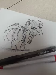 Size: 1280x1707 | Tagged: safe, artist:post-it, derpibooru import, twilight sparkle, twilight sparkle (alicorn), alicorn, pony, butt, featureless crotch, female, ink drawing, inktober, looking back, mare, misleading thumbnail, monochrome, pen, raised hoof, simple background, sketch, smiling, traditional art, twibutt, white background