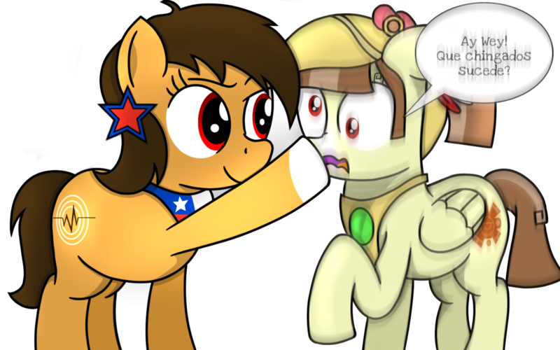 Size: 1728x1080 | Tagged: safe, artist:toyminator900, derpibooru import, oc, oc:chilenia, oc:tailcoatl, ponified, unofficial characters only, earth pony, pegasus, pony, boop, chile, duo, earthquake, mexico, nation ponies, open mouth, raised hoof, simple background, smiling, spanish, speech bubble, translated in the description, transparent background, vulgar, vulgar description, wavy mouth