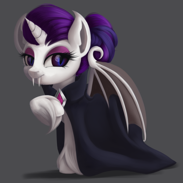 Size: 4092x4092 | Tagged: safe, artist:ailatf, derpibooru import, rarity, alicorn, bat pony, bat pony alicorn, pony, absurd resolution, bat ponified, bat wings, cloak, clothes, fangs, female, gray background, horn, mare, race swap, simple background, solo, unshorn fetlocks, wings