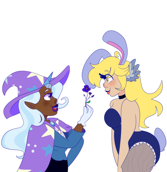 Size: 1280x1310 | Tagged: artist:cubbybatdoodles, bunny suit, clothes, dark skin, derpibooru import, derpy hooves, ditzy doo, female, flower, human, humanized, lesbian, safe, shipping, simple background, transparent background, tripy, trixie, wing ears