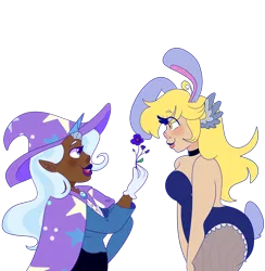 Size: 1280x1310 | Tagged: artist:cubbybatdoodles, bunny suit, clothes, dark skin, derpibooru import, derpy hooves, ditzy doo, female, flower, human, humanized, lesbian, safe, shipping, simple background, transparent background, tripy, trixie, wing ears