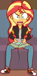 Size: 430x882 | Tagged: safe, artist:zharkaer, derpibooru import, edit, sunset shimmer, equestria girls, equestria girls series, game stream, leak, spoiler:eqg series (season 2), angry, clothes, controller, converse, cropped, female, frustrated, gamer sunset, gritted teeth, open mouth, psycho gamer sunset, shoes, sitting, sneakers, sunset's apartment, super nintendo, video game